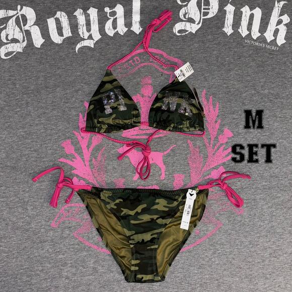 VS PINK Green Camo & Rhinestone Studded Bling Pink Braided String Bikini Set- MD - Picture 1 of 10